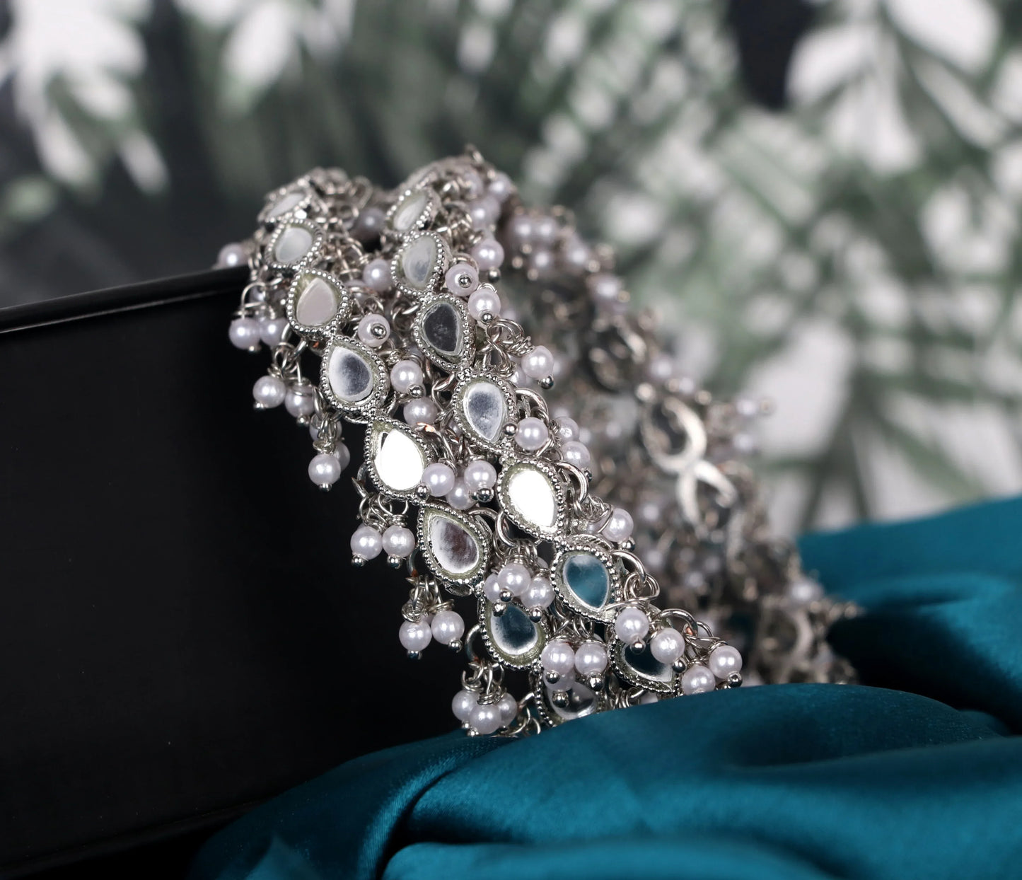 Silver Mirror Work Metal Kada for Women with Pearl (Pack Of 2)