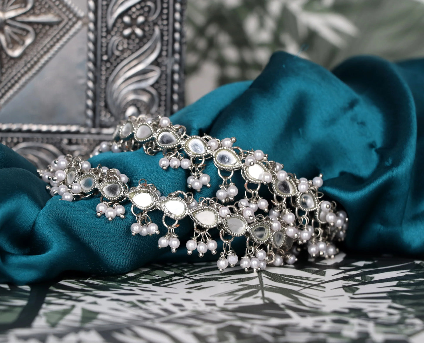 Silver Mirror Work Metal Kada for Women with Pearl (Pack Of 2)