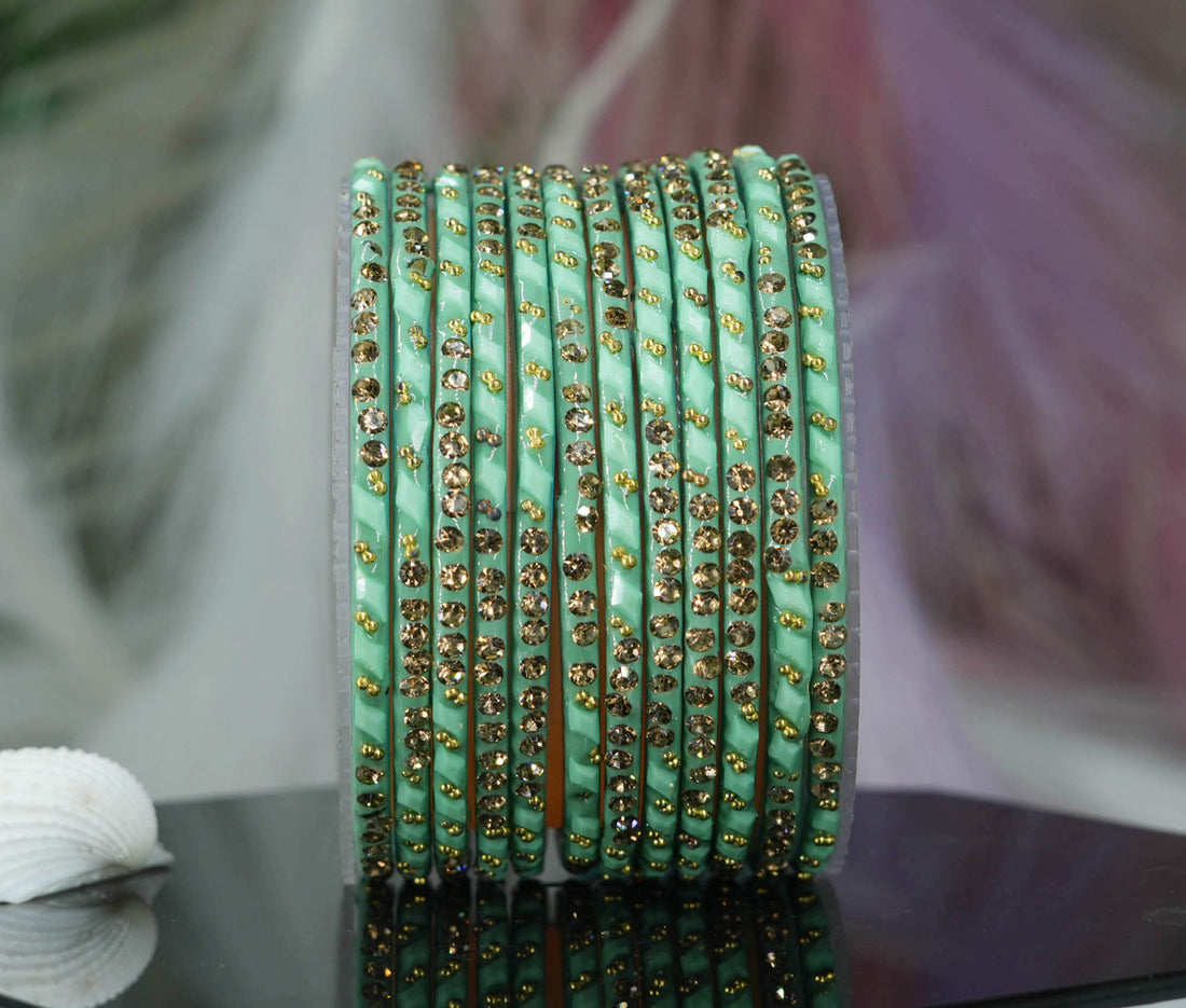 Glass Bangles with Gold Pearl Beads Studded for Women & Girls (Pack 12)