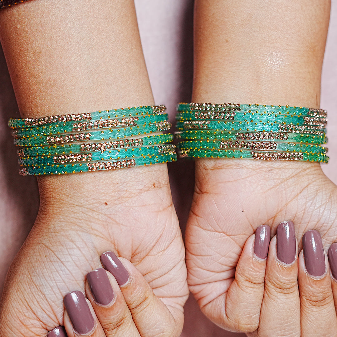 Traditional Glass Bangle with Golden Balls & Beads Studded for Women & Girls (Pack of 12 Bangles)