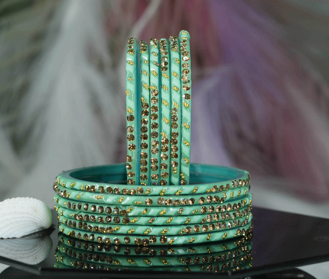 Glass Bangles with Gold Pearl Beads Studded for Women & Girls (Pack 12)