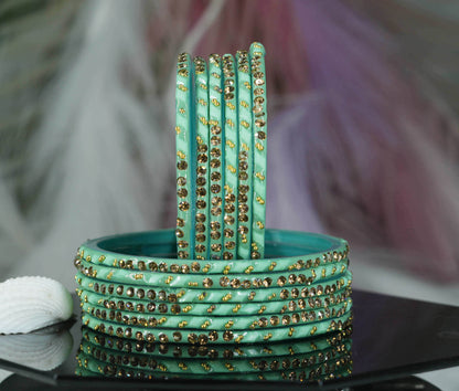 Glass Bangles with Gold Pearl Beads Studded for Women & Girls (Pack 12 Bangles)