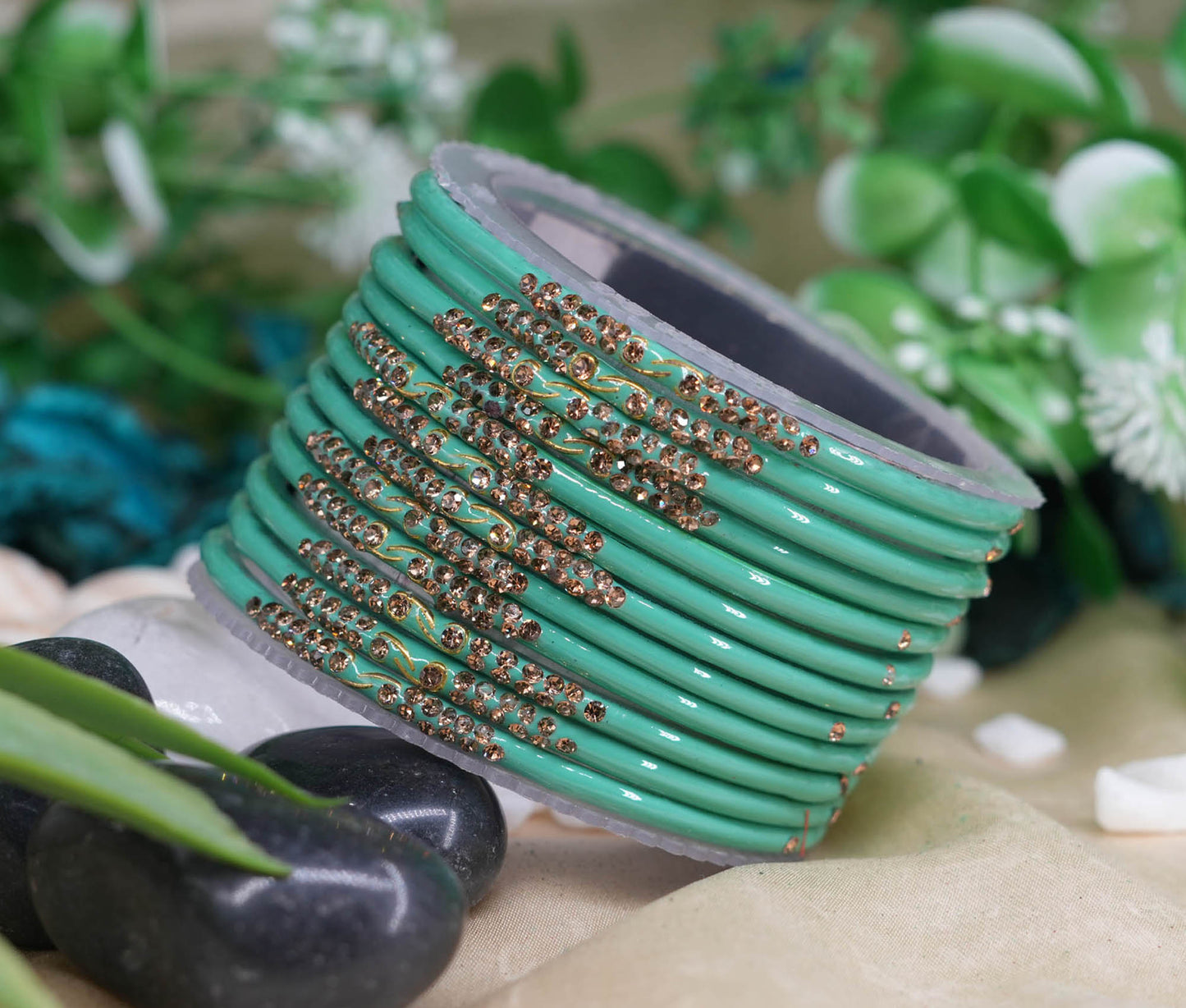 Traditional Glass Bangles with Zircon Beads Studded for Women & Girls (Pack of 12 bangles)