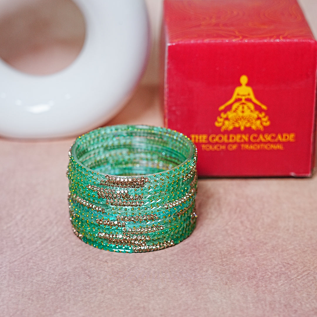 Traditional Glass Bangle with Golden Balls & Beads Studded for Women & Girls (Pack of 12 Bangles)