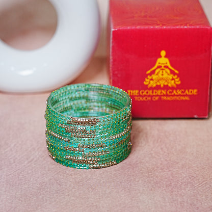 Traditional Glass Bangle with Golden Balls & Beads Studded for Women & Girls (Pack of 12 Bangles)