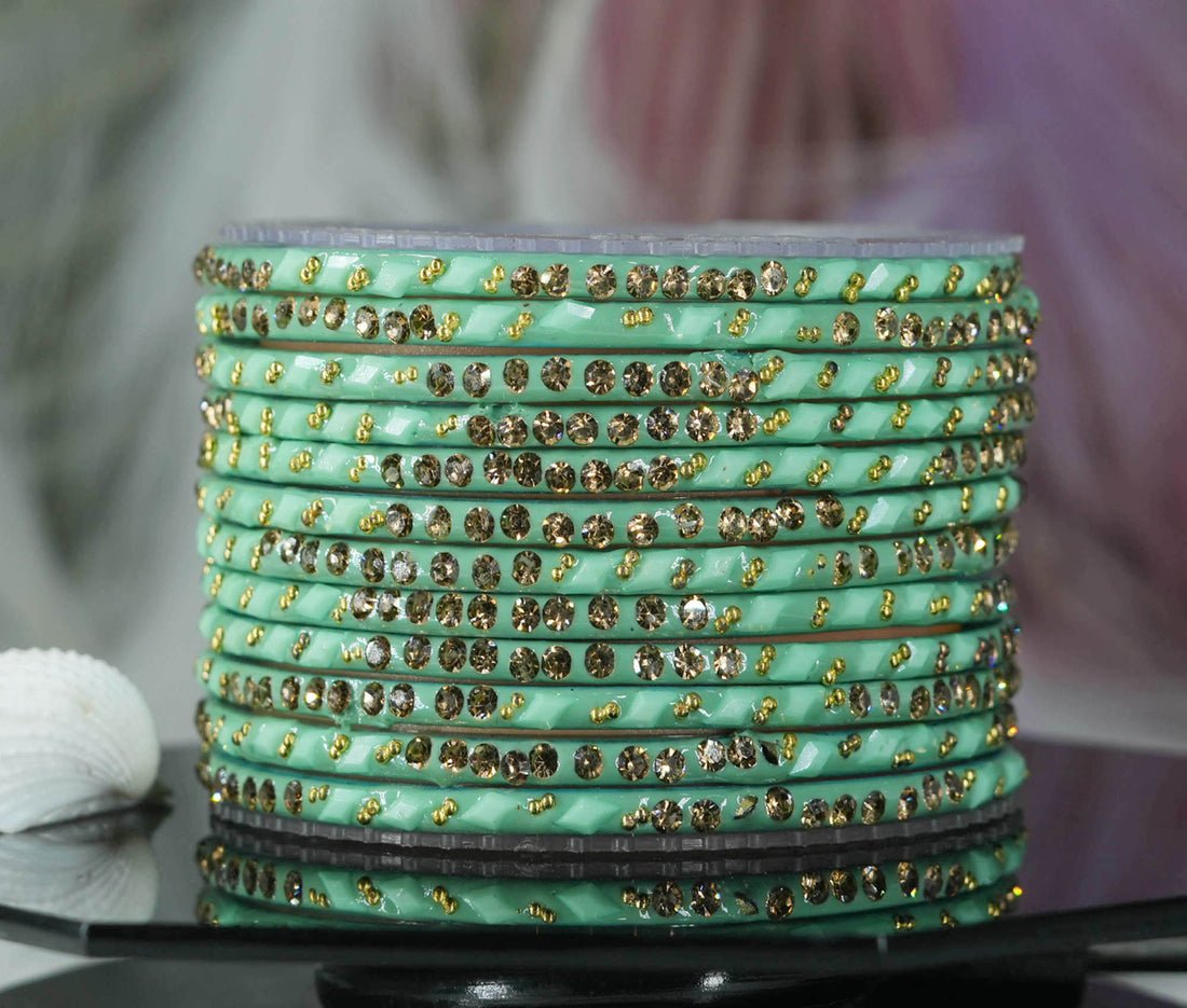 Glass Bangles with Gold Pearl Beads Studded for Women & Girls (Pack 12)