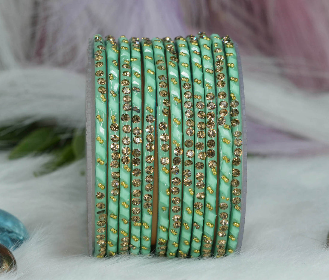 Glass Bangles with Gold Pearl Beads Studded for Women & Girls (Pack 12)