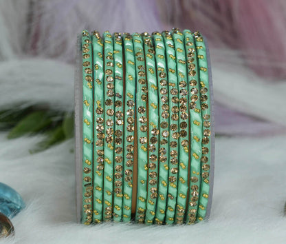 Glass Bangles with Gold Pearl Beads Studded for Women & Girls (Pack 12 Bangles)