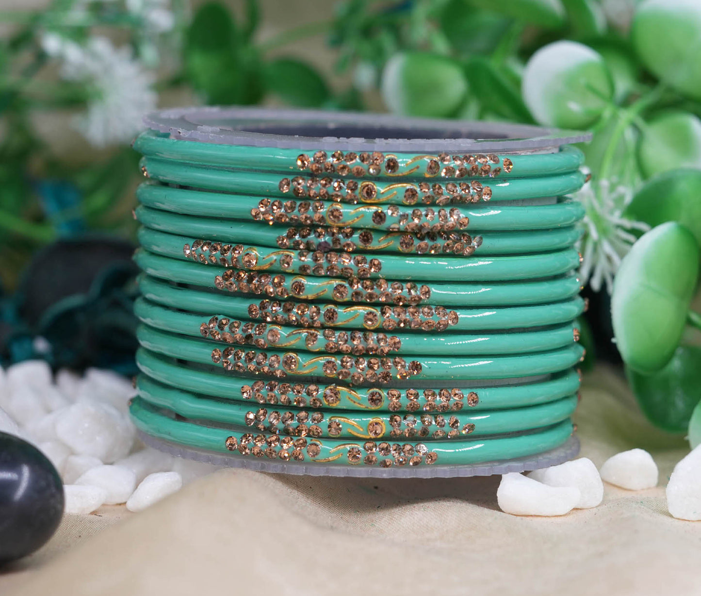 Traditional Glass Bangles with Zircon Beads Studded for Women & Girls (Pack of 12 bangles)