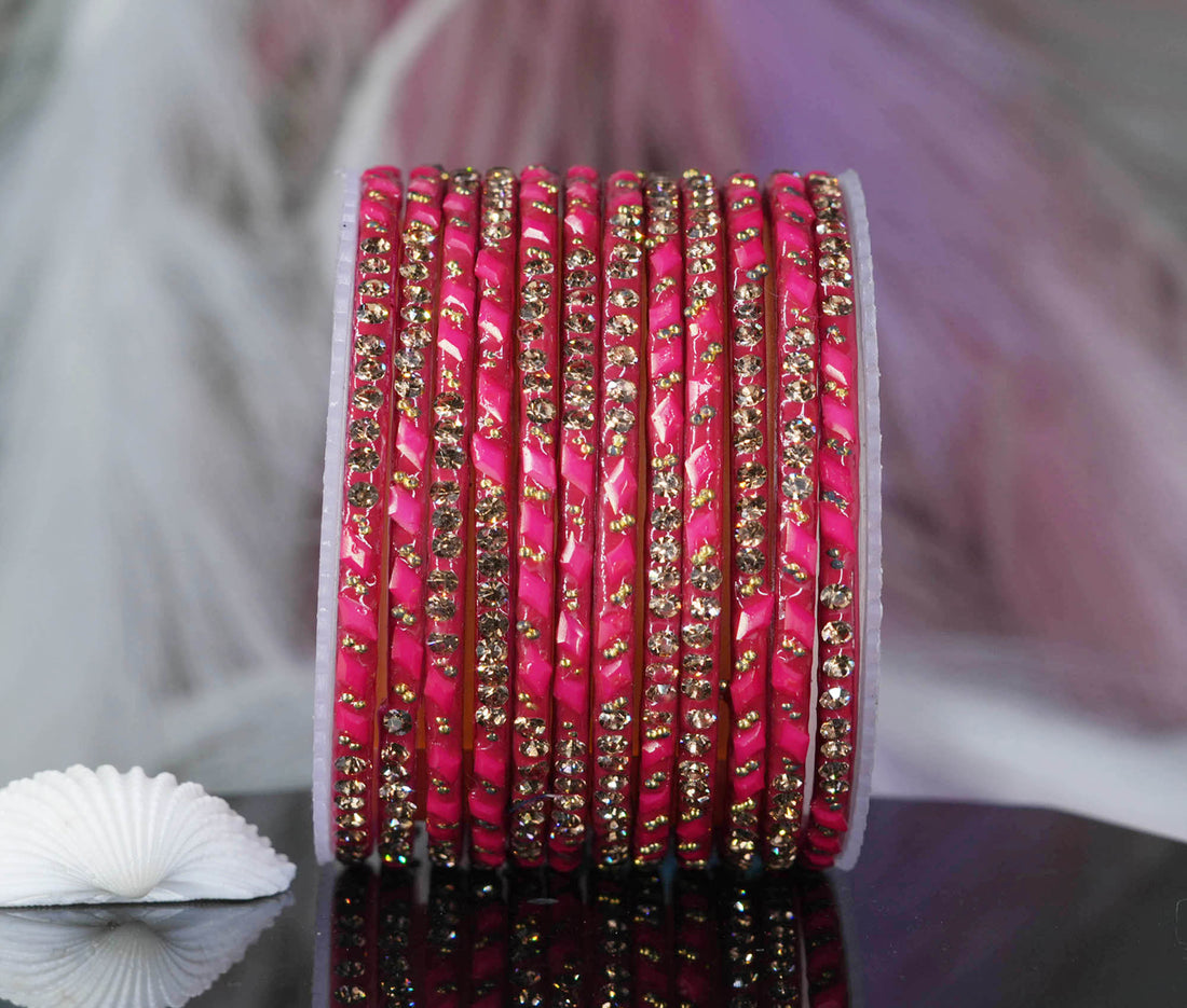 Glass Bangles with Gold Pearl Beads Studded for Women & Girls (Pack 12)