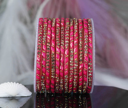 Glass Bangles with Gold Pearl Beads Studded for Women & Girls (Pack 12 Bangles)
