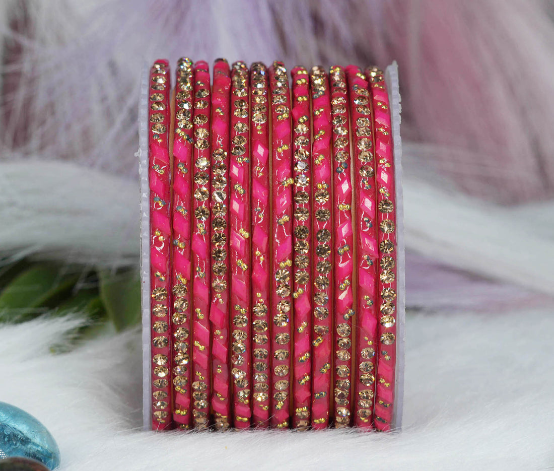 Glass Bangles with Gold Pearl Beads Studded for Women & Girls (Pack 12)