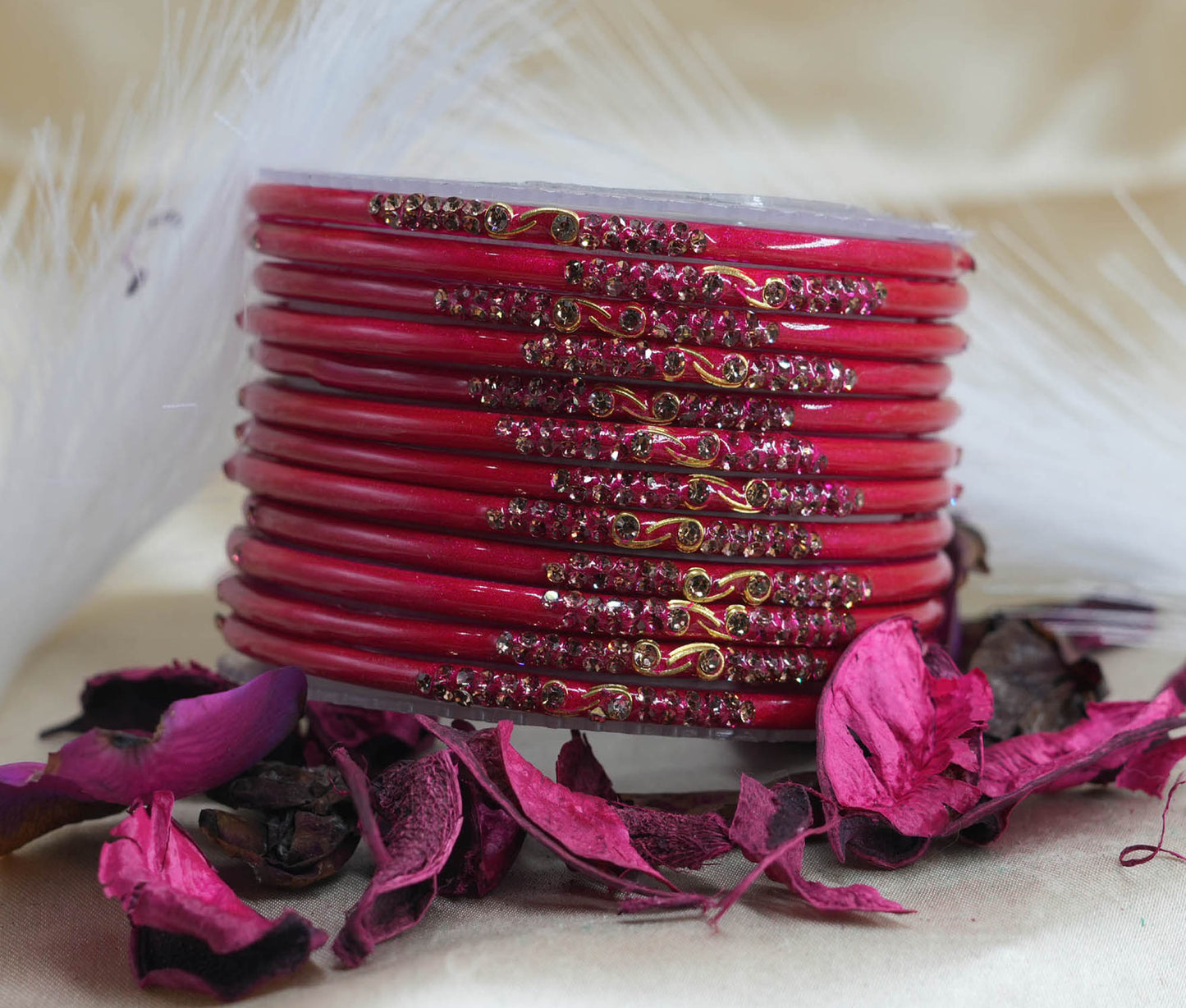 Traditional Glass Bangles with Zircon Beads Studded for Women & Girls (Pack of 12 bangles)