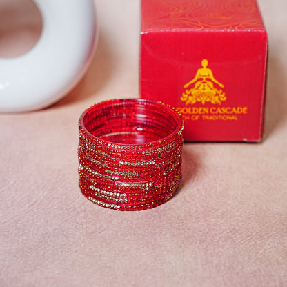 Traditional Glass Bangle with Golden Balls & Beads Studded for Women & Girls (Pack of 12 Bangles)