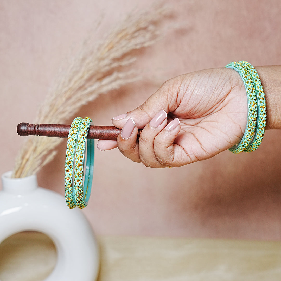 Golden Ball Studded Handcrafted Glass Kada Bangles for Women & Girls (Pack of 4 Kada)