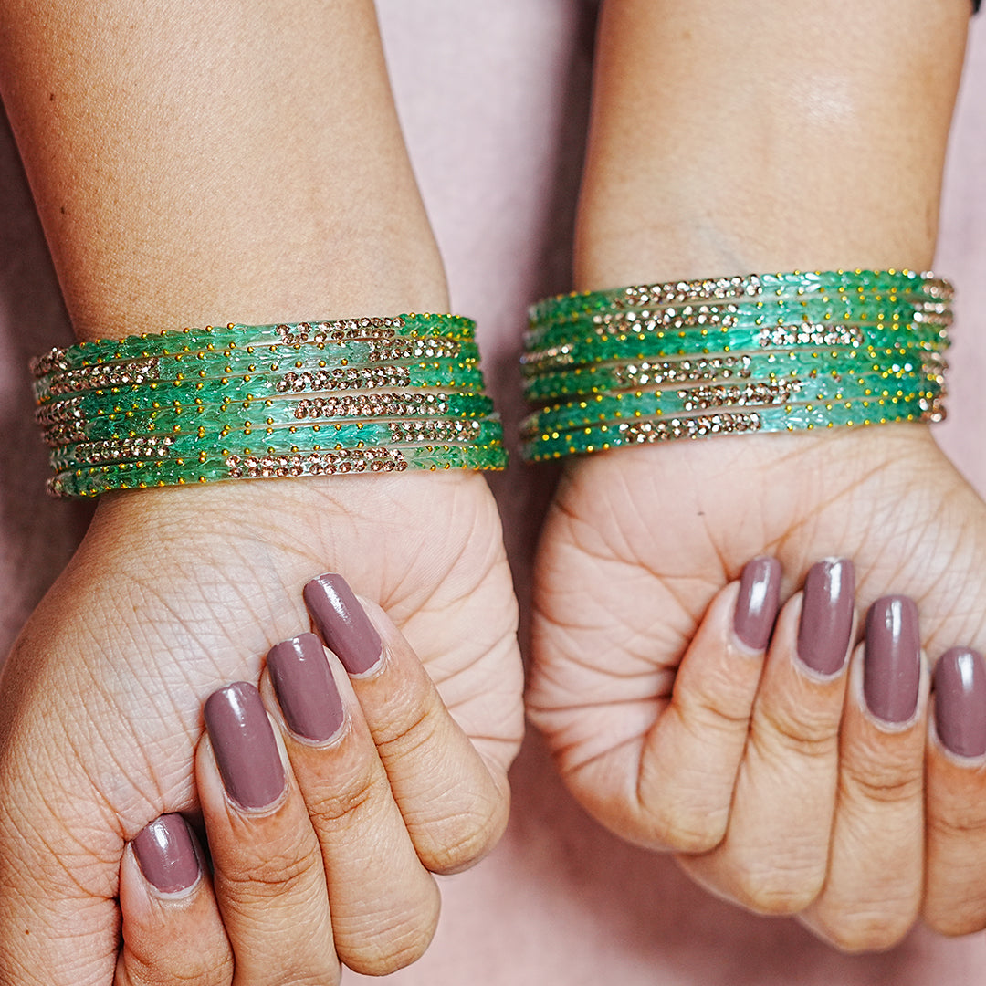 Traditional Glass Bangle with Golden Balls & Beads Studded for Women & Girls (Pack of 12 Bangles)