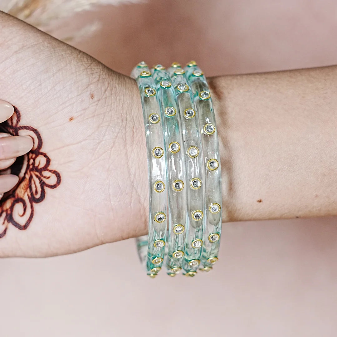 Fancy Glass Kada Bangles with Kundan Work and Smooth Finish for Women & Girls (Pack of 4)