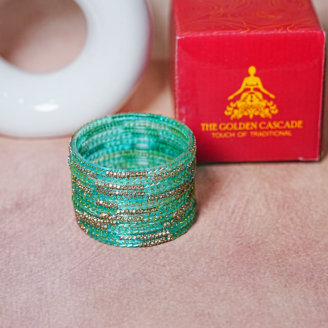 Traditional Glass Bangle with Golden Balls & Beads Studded for Women & Girls (Pack of 12 Bangles)