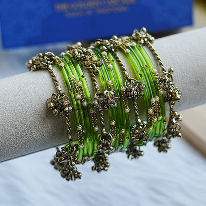 Traditional Ghughru Style Glass Bangles Set for Women (Both Hand)