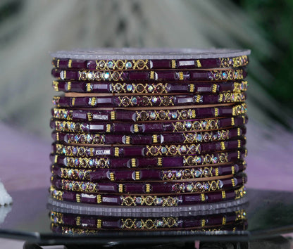 Zircon Gemstone Studded Glass Bangles for Women & Girls (Pack of 12 Bangles)
