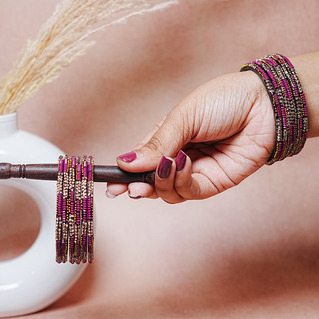 Handcrafted Glass Chudi Set with Golden Balls & Beads Work (Pack of- 12 Bangles)