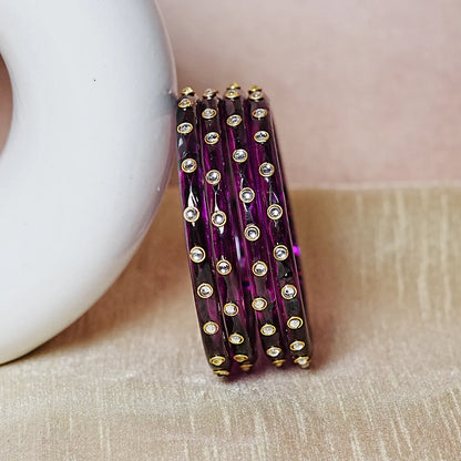 Fancy Glass Kada Bangles with Kundan Work and Smooth Finish for Women & Girls (Pack of 4)