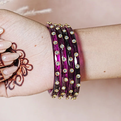 Fancy Glass Kada Bangles with Kundan Work and Smooth Finish for Women & Girls (Pack of 4)