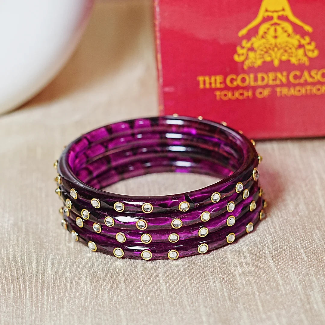 Fancy Glass Kada Bangles with Kundan Work and Smooth Finish for Women & Girls (Pack of 4)