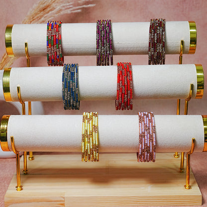Handcrafted Glass Chudi Set with Golden Balls & Beads Work (Pack of- 12 Bangles)