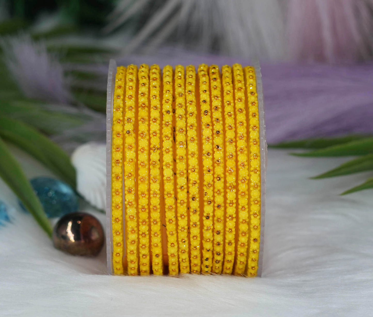 Glass Bangle with Golden Ball Studded for Women & Girls (Pack of 12 Bangles)