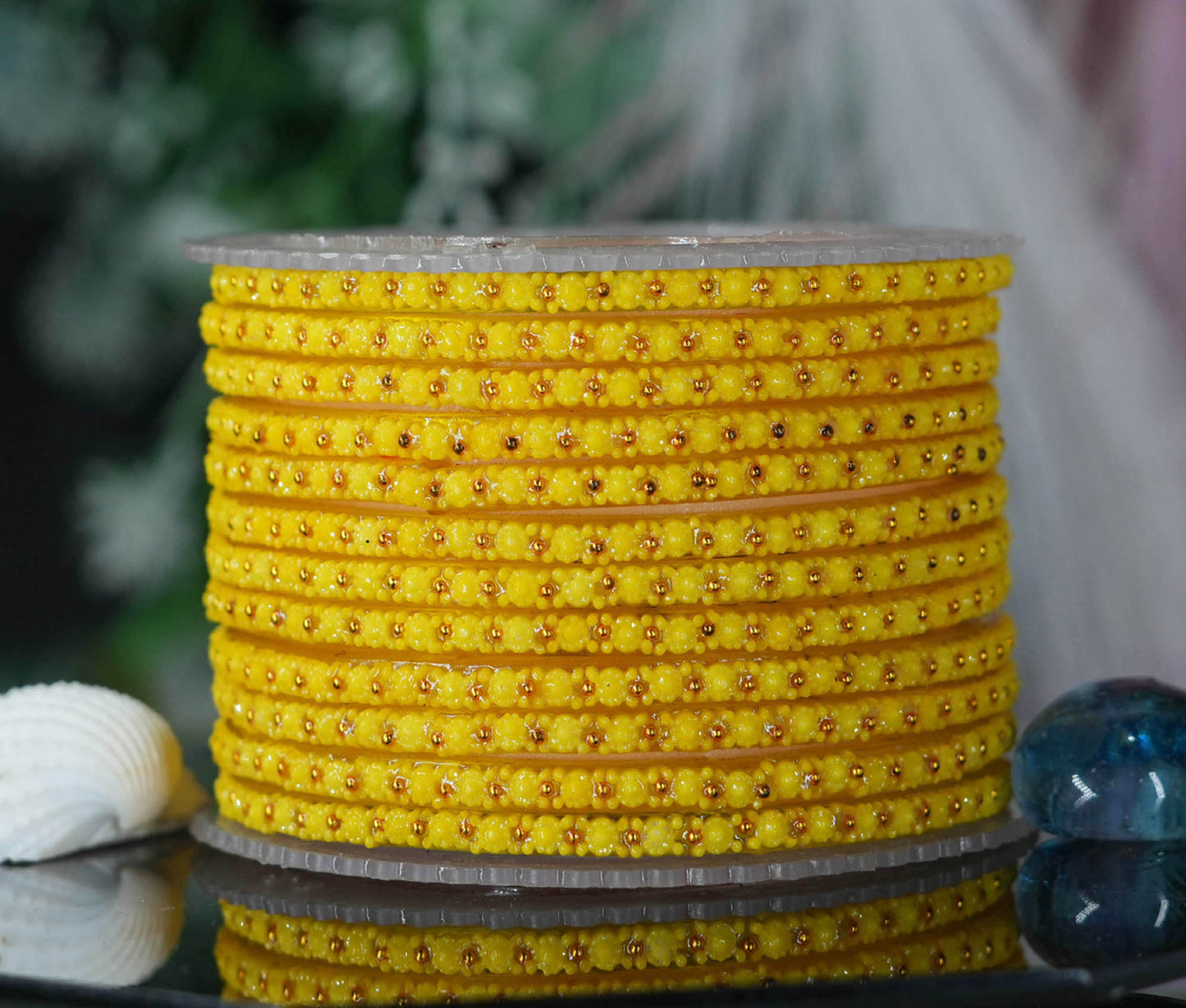 Glass Bangle with Golden Ball Studded for Women & Girls (Pack of 12 Bangles)
