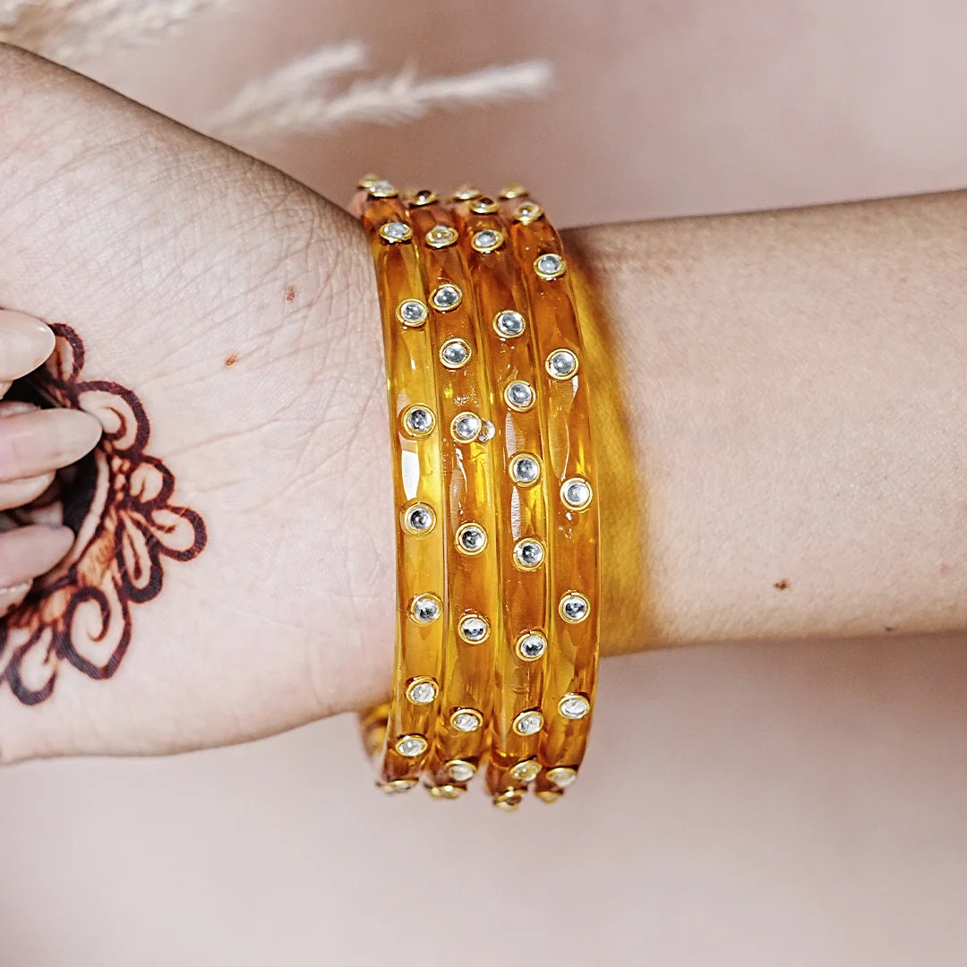 Fancy Glass Kada Bangles with Kundan Work and Smooth Finish for Women & Girls (Pack of 4)