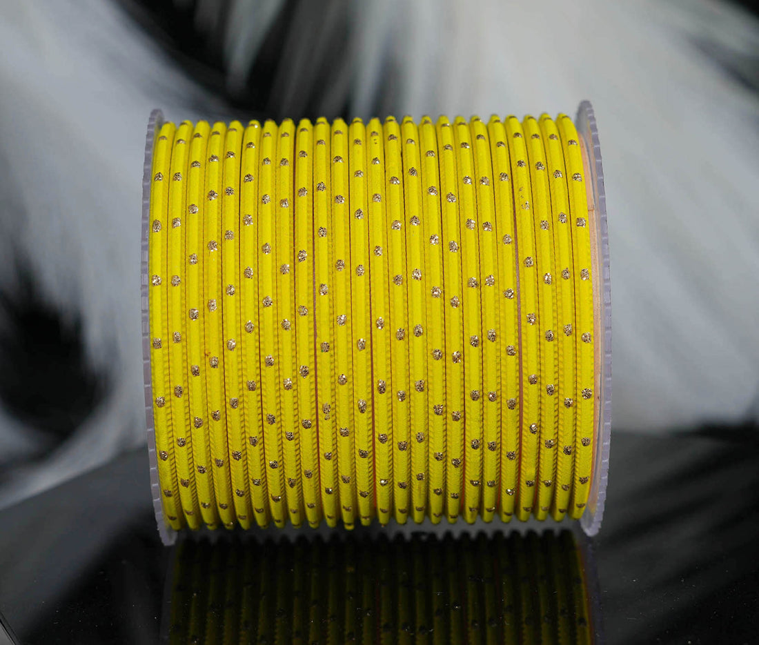 Yellow Green Dot Design Matte Finish Metal Bangle for Women & Girls (Pack of 24)