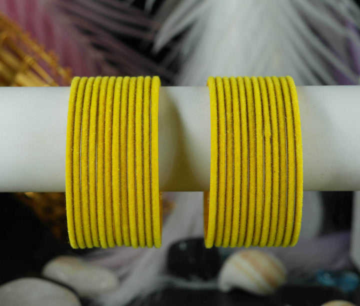 Yellow Color Velvet Metal Bangles for Women & Girls (Pack of 24)