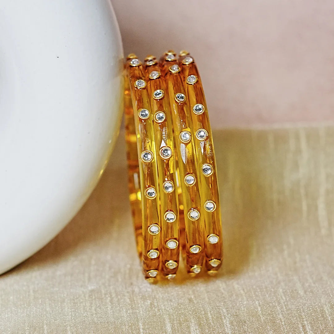 Fancy Glass Kada Bangles with Kundan Work and Smooth Finish for Women & Girls (Pack of 4)