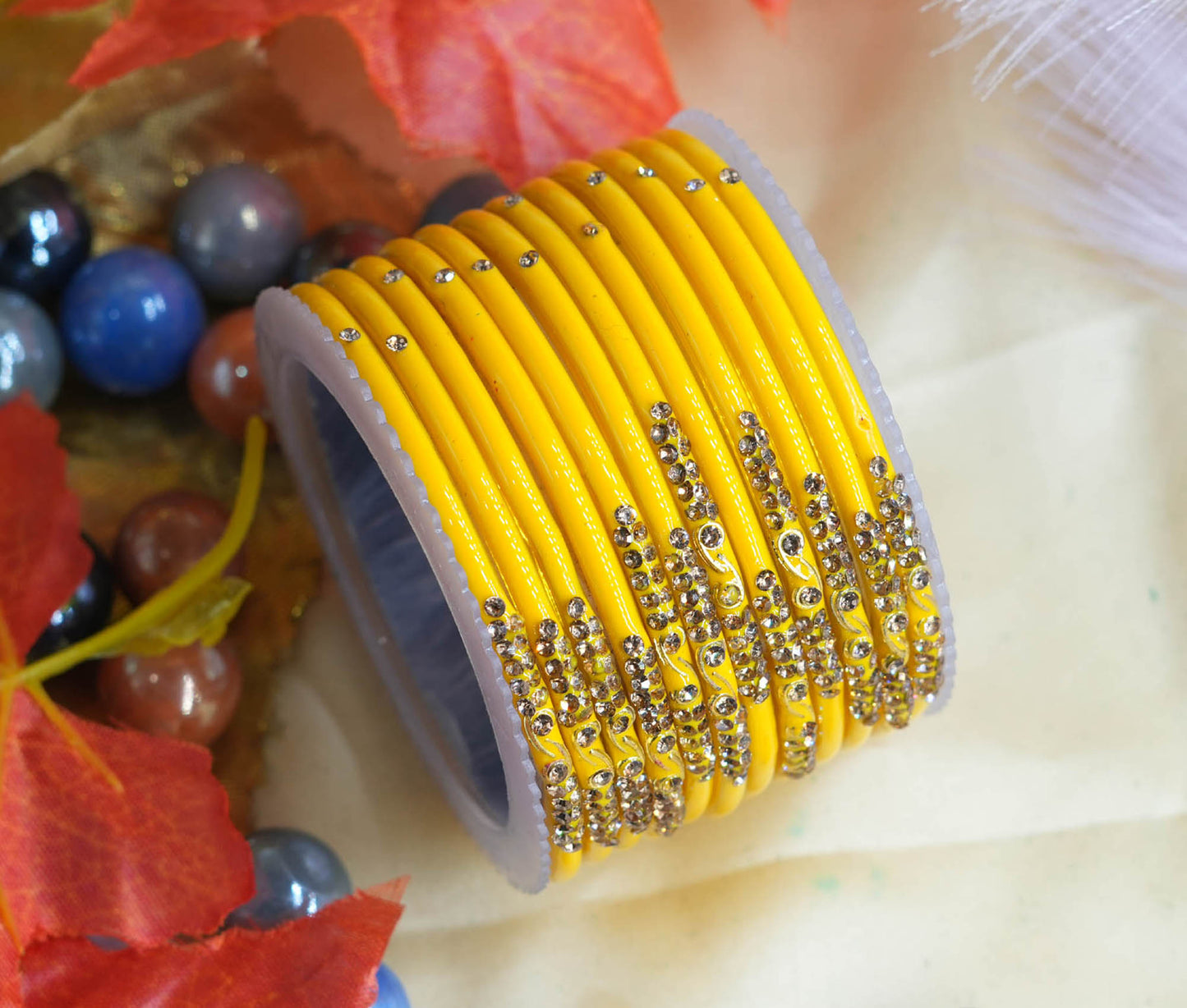 Traditional Glass Bangles with Zircon Beads Studded for Women & Girls (Pack of 12 bangles)
