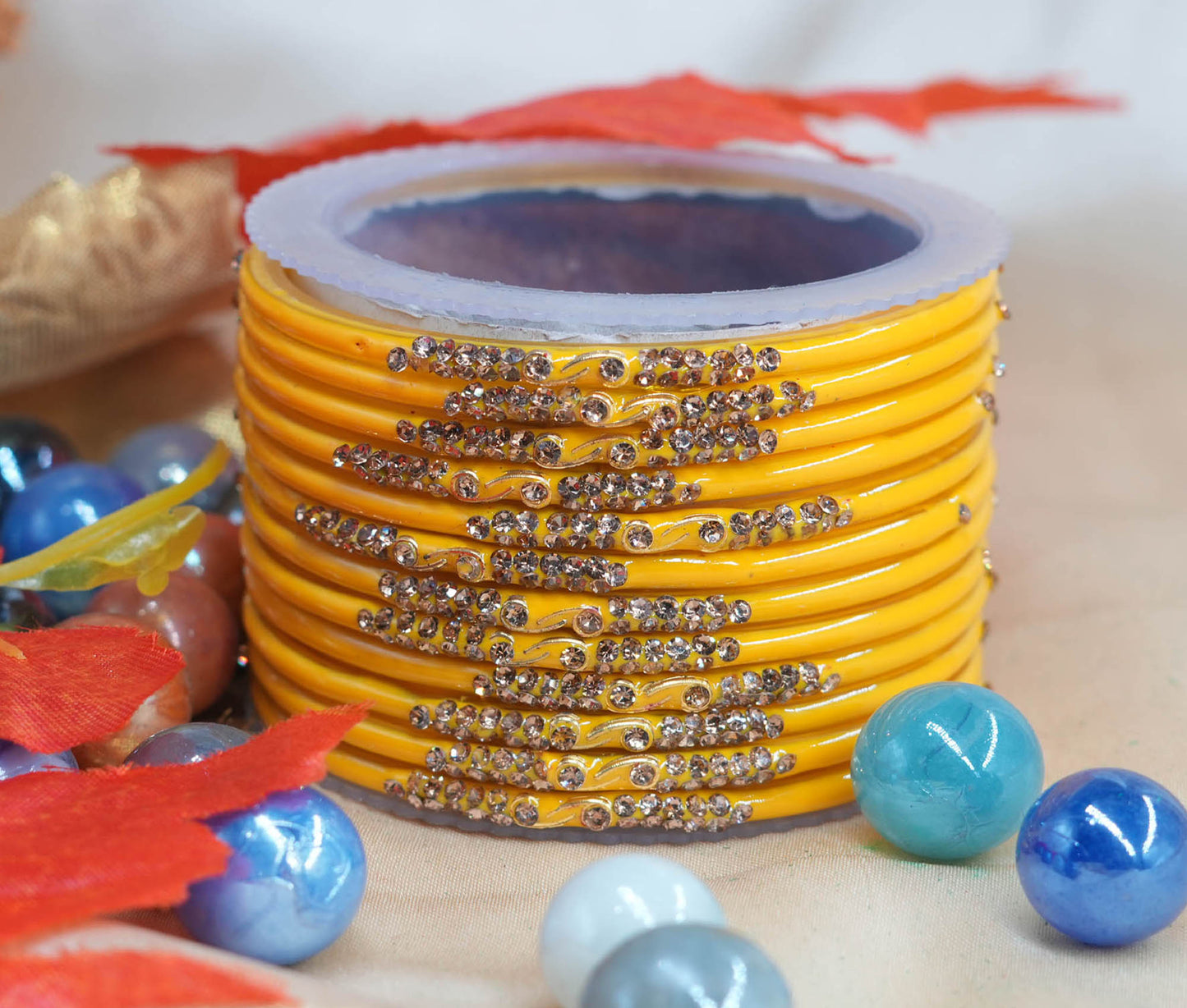 Traditional Glass Bangles with Zircon Beads Studded for Women & Girls (Pack of 12 bangles)