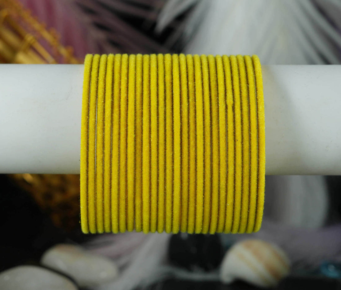 Yellow Color Velvet Metal Bangles for Women & Girls (Pack of 24)