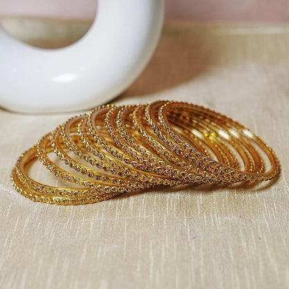 Golden Glass Bangles for Women & Girls | Elegant Stone Work Design (Pack of 12)