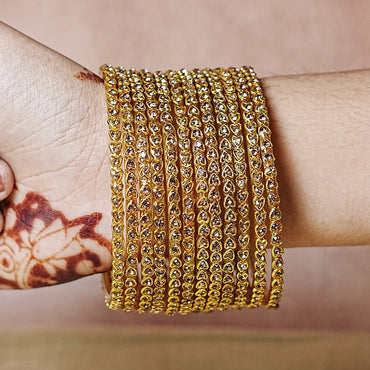 Golden Glass Bangles for Women & Girls | Elegant Stone Work Design (Pack of 12)
