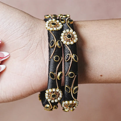 Designer Thread Work Kundan Leaf Style Kada Bangle for Women & Girls (Pack of 2)