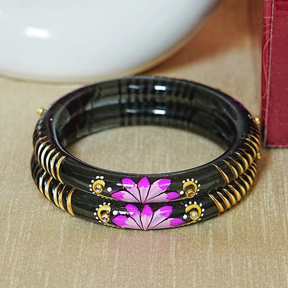 Handcrafted Lotus Printed Pattern Glass Kada for Women (Pack of 2)