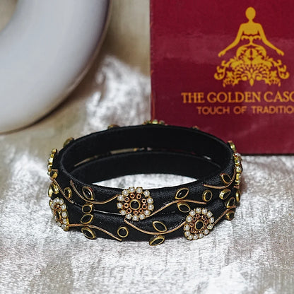 Designer Thread Work Kundan Leaf Style Kada Bangle for Women & Girls (Pack of 2)