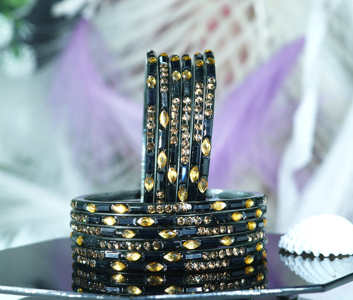 Multiple Color Glass Bangle with Stone Beads Work for Women & Girls (Pack 12 Bangles)