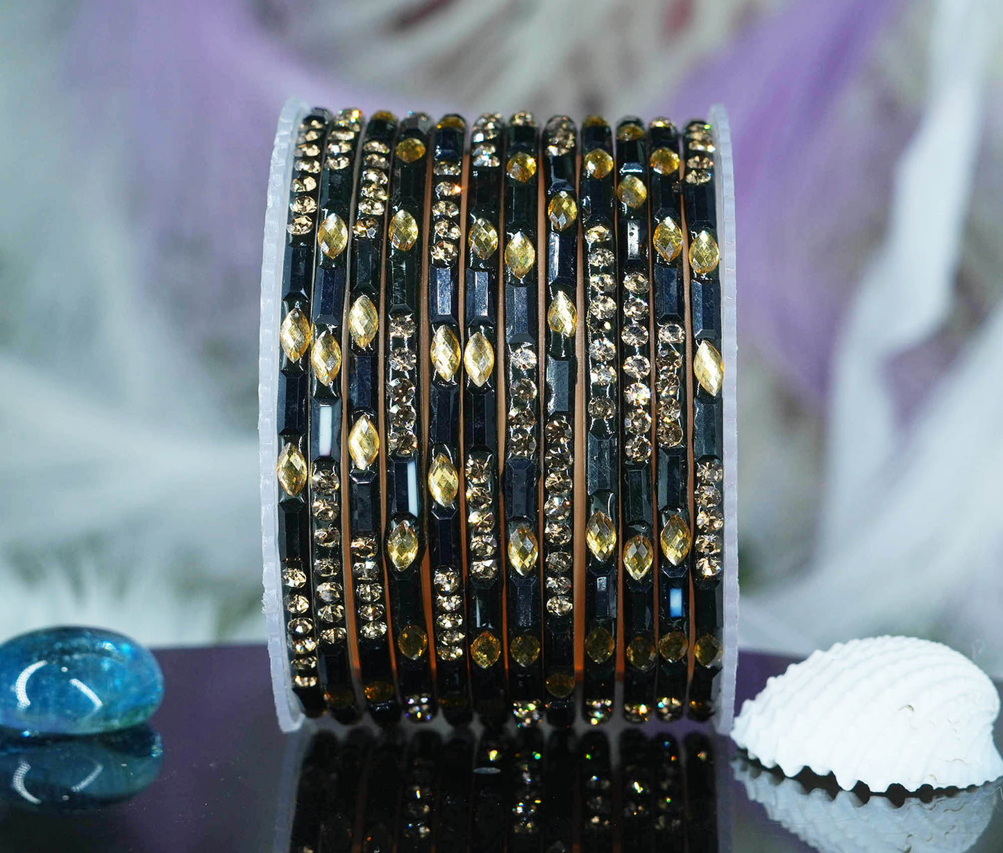 Multiple Color Glass Bangle with Stone Beads Work for Women & Girls (Pack 12 Bangles)