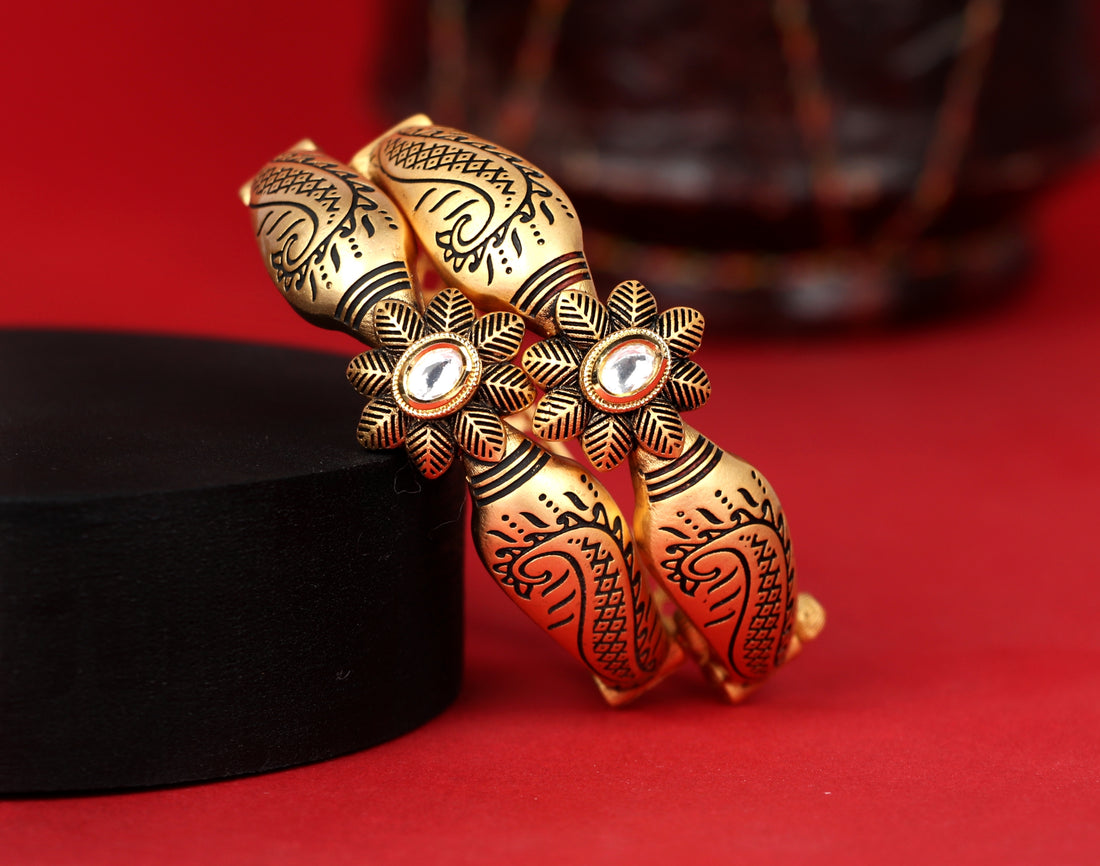 Antique Design Gold Plated Stone Studded Bracelet for Women & Girls