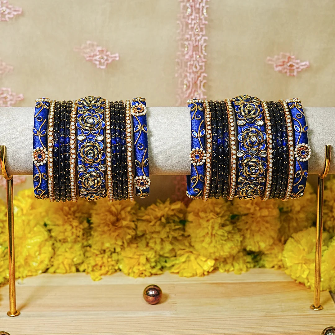 Traditional Handmade Thread Work Glass Bangles Set for Women (Both Hands)