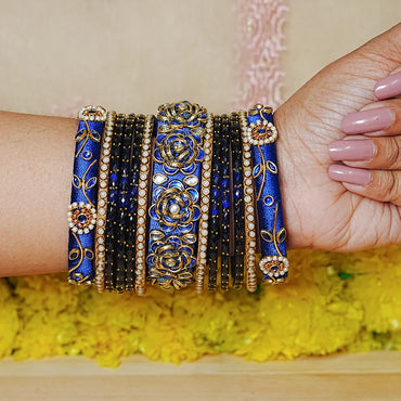 Traditional Handmade Thread Work Glass Bangles Set for Women (Both Hands)