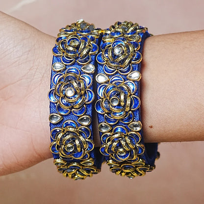 Handmade Thread Kada Bangle with Rose Motif and Kundan Work for Women & Girls (Pack of 2)
