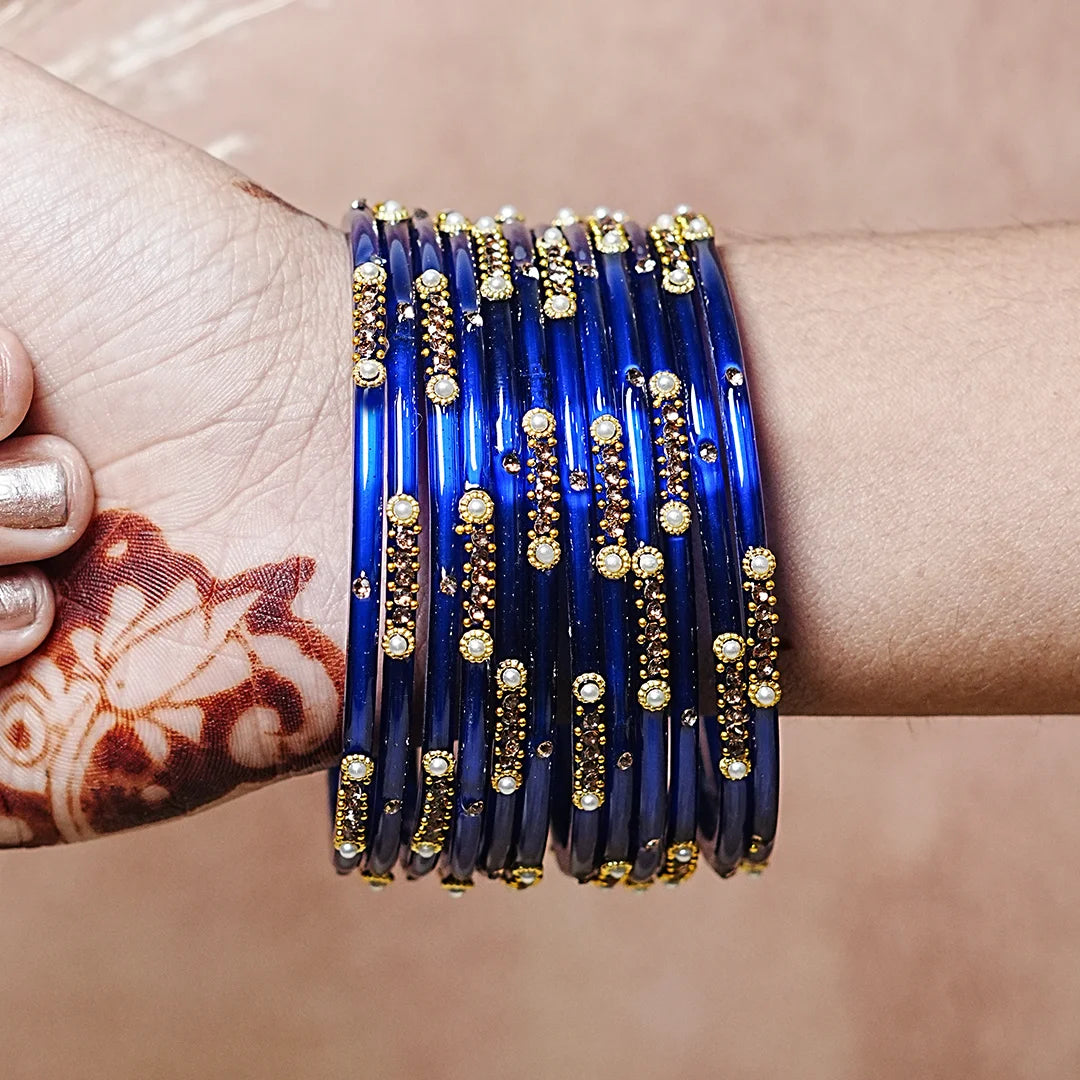 Premium Glass Bangles for Women | Zircon & Beads Work | Glossy Finish (Pack of 12)